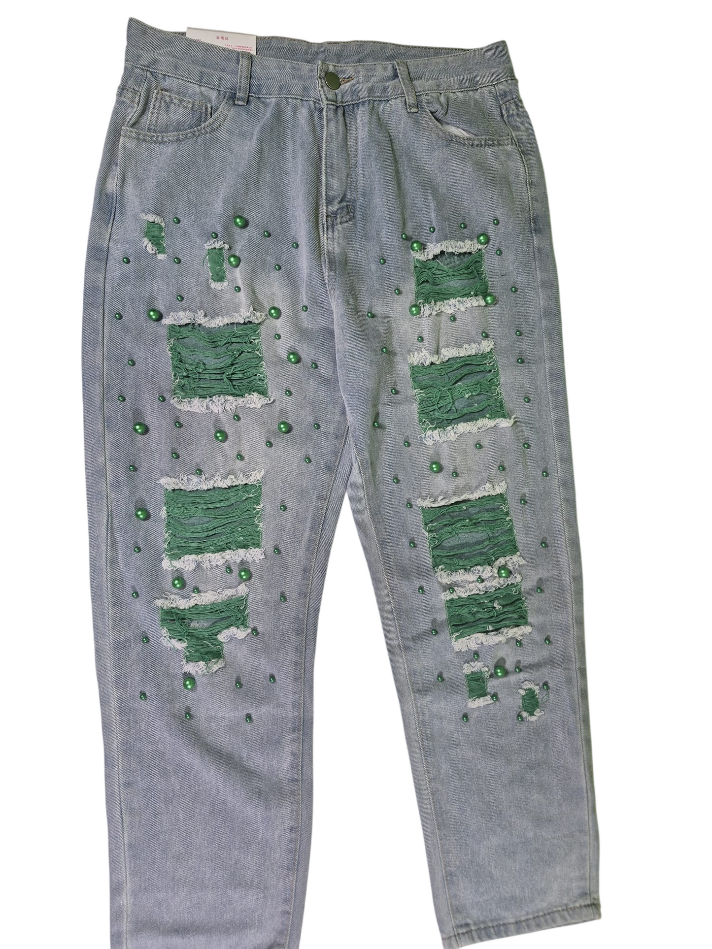 Damen Jeans mit Destroyed-Look & grünen Perlen – Größe 2XL