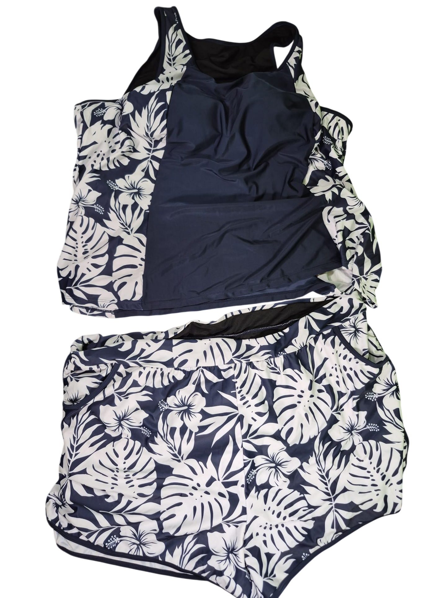 Damen Tankini-Set mit Shorts – Größe 3XL – Blau/Weißes Tropenmuster