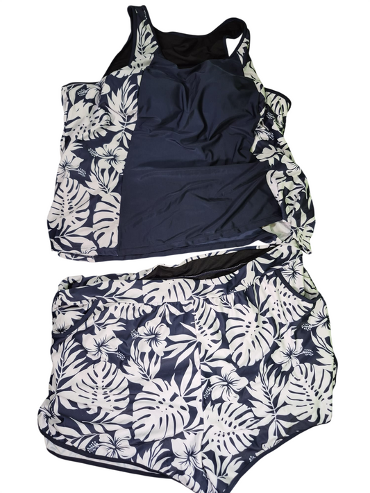 Damen Tankini-Set mit Shorts – Größe 3XL – Blau/Weißes Tropenmuster