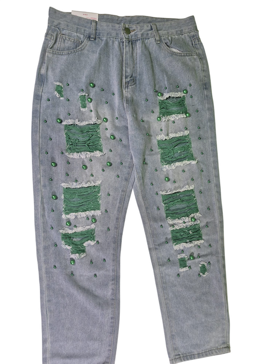 Damen Jeans mit Destroyed-Look & grünen Perlen – Größe 2XL
