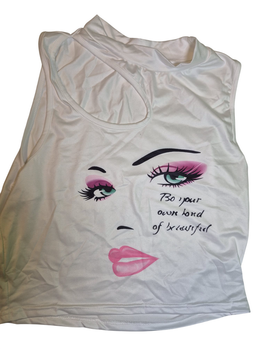 Damen Top mit Gesichts-Print – Weiß – Größe L